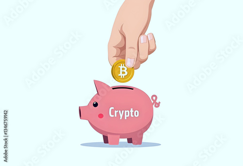 Obraz na płótnie Hand Depositing Bitcoin into Pink Piggy Bank with Crypto Text – Cryptocurrency Investment and Savings Concept, white background w salonie