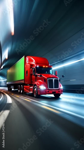 Red Truck in Tunnel with Green Screen Trailer