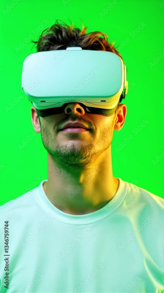 Man Using VR Headset on Green Screen Background Man Using VR Headset on Green Screen Background