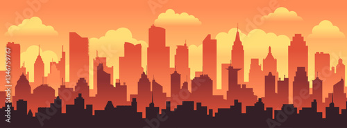 Cityscape silhouette summer urban illustration. City skyline building town skyscraper horizon background at sunset