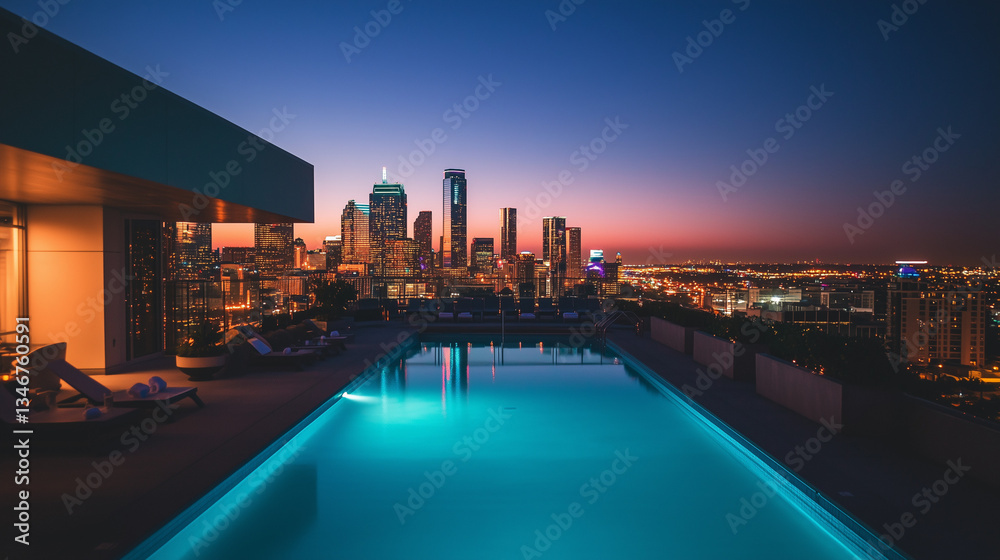 Obraz premium Rooftop poolside view at sunset over city skyline 