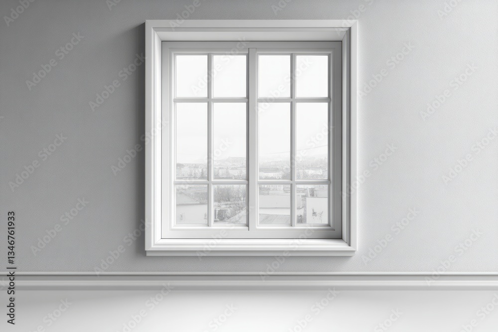 A square white window showcases a view of a distant town
