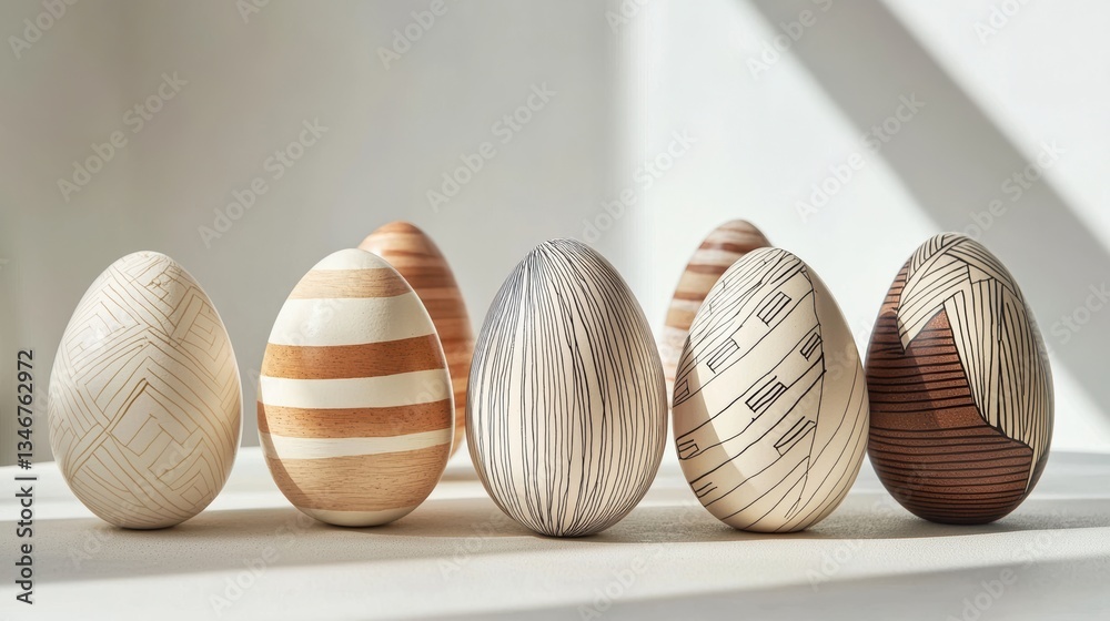Obraz premium Easter eggs displayed on white surface with minimalist line patterns