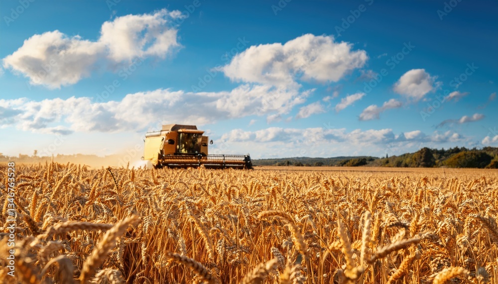 Fototapeta premium Golden wheat field with a combine harvester working under a blue sky, symbolizing agriculture and harvest 