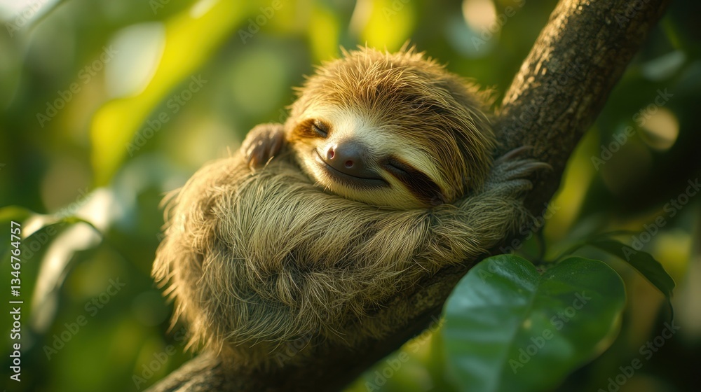 Fototapeta premium Adorable baby sloth sleeping peacefully on a tree branch in a lush green forest.