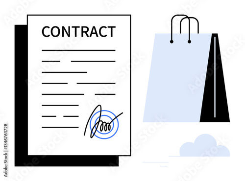 Contract paper with bold signature next to a shopping bag suggesting a completed deal. Ideal for business, agreements, e-commerce, retail, partnership, negotiation, trade flat simple metaphor