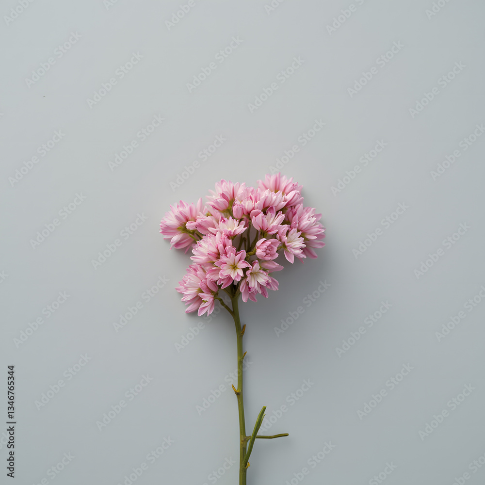 Obraz premium Delicate cluster of small pink blossoms set against a soft gray background, creating a minimalist yet elegant floral composition with a subtle charm.