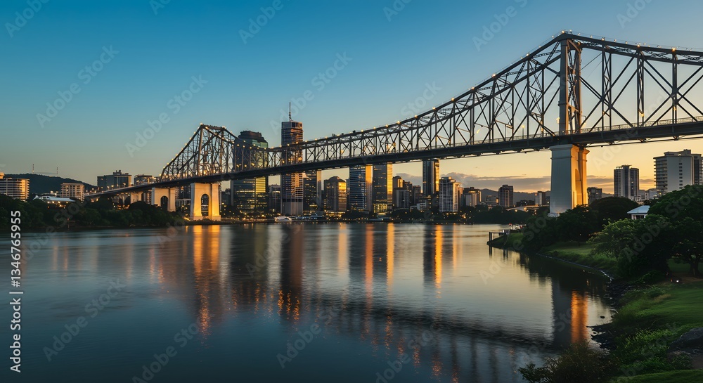 Obraz premium Brisbane Story Bridge and City Skyline at Sunset Reflecting in Calm River
