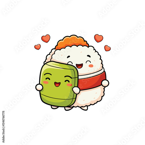 Cute Sushi and Wasabi Friends Cartoon Logo with Hearts