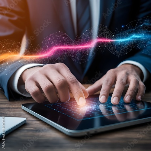Business Growth and Success: Hands Interacting with Digital Network Data, Arrows, and Connectivity for Strategic Decision Making