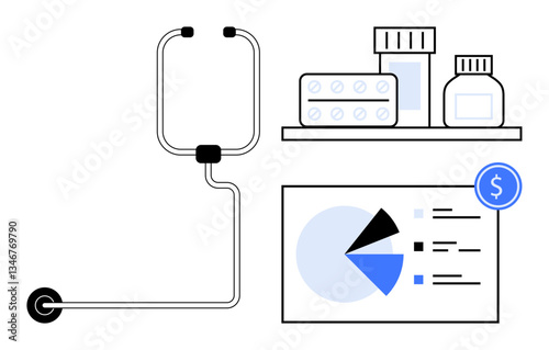 Stethoscope near medicine bottles, pills, and financial chart with dollar symbol. Ideal for healthcare, finance, budgeting, medical expenditure, insurance, pharmacy flat simple metaphor