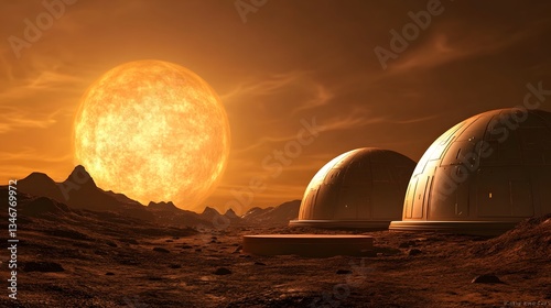 A podium on the surface of Mars, overlooking a futuristic space colony.