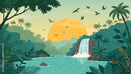 Beautiful tropical landscape with a waterfall and vibrant sunset in a serene natural setting. Tropical landscape with palm trees and sea