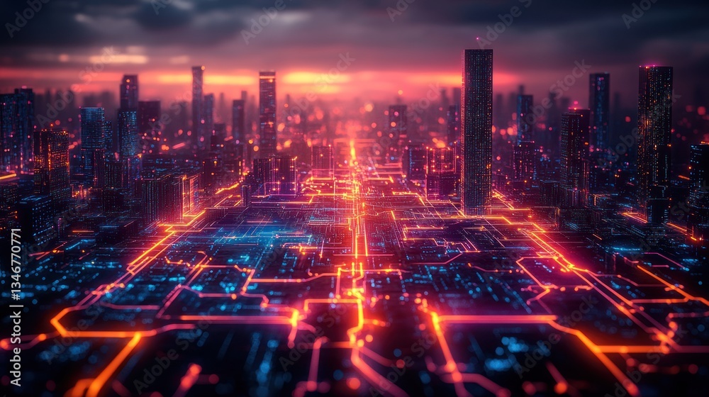 Fototapeta premium Futuristic city skyline at sunset, glowing circuit board streets.