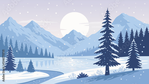 Winter landscape with trees and snow. Serene winter landscape featuring mountains, a snowy forest, and a tranquil lake under a pastel sky at dusk. Minimalist vector landscape