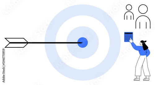 Arrow hitting bullseye in a target symbolizing goals. Woman with calculator analyzing data. Outlines of people indicate teamwork. Ideal for goal setting, teamwork, data, planning, strategy, focus