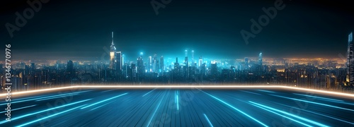 A futuristic podium with sleek neon lighting, set against a sprawling cyberpunk city skyline at night.