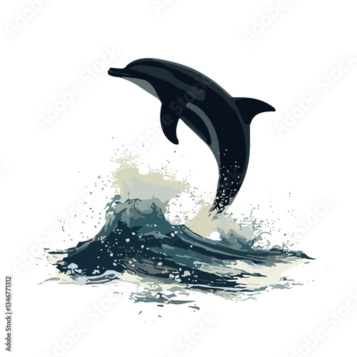 Jumping dolphin over ocean waves in artistic illustration.