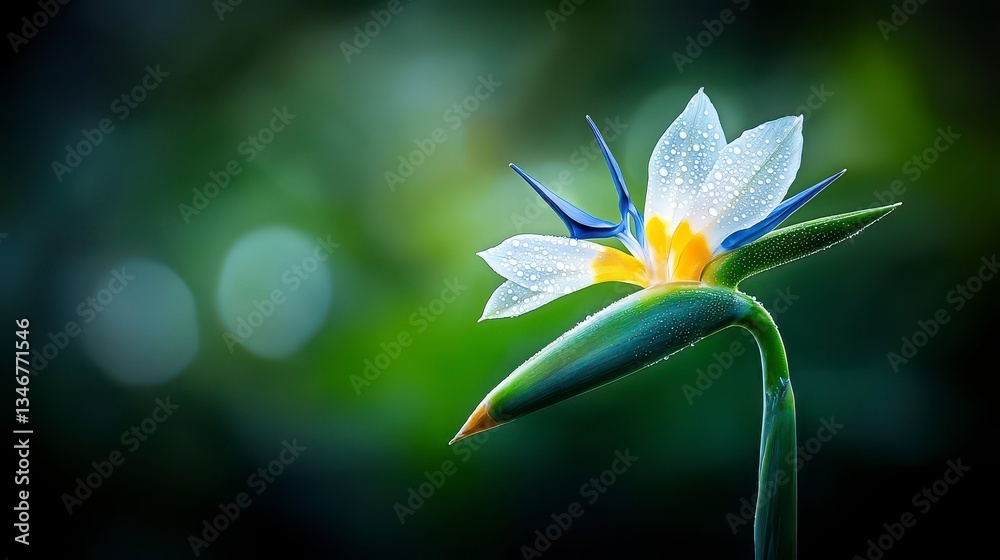 Obraz premium White Flower with Blue and Yellow Accents and Water Droplets