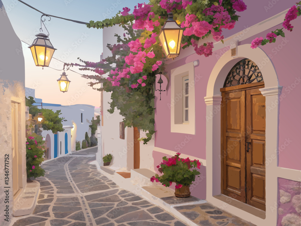 Fototapeta premium Old street in the old town of Greek. Explore the charm of a serene cobblestone street adorned with vibrant flowers and charming lanterns during twilight. Paint by numbers. DIY art