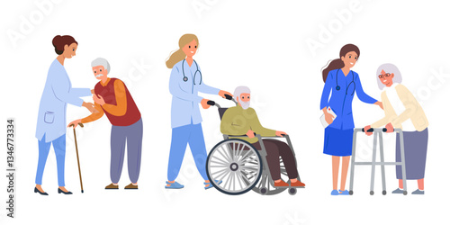 Set of elderly disabled people at nursing home. Old grandparents in retirement. Pensioners on wheelchair, walker, and cane. Nurses look after grandparents. Vector illustration.