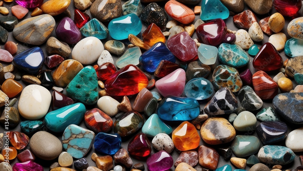 A close-up view of a collection of various polished gemstones and rocks. A close-up view of a collection of various polished gemstones and rocks.