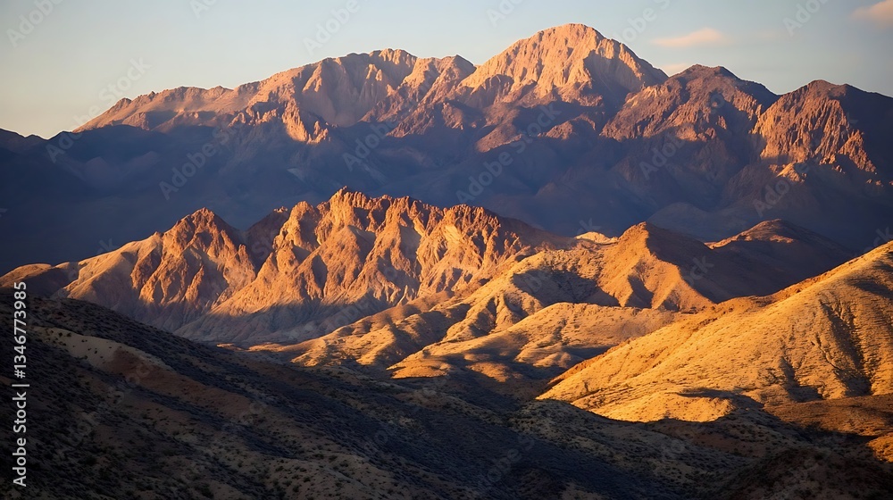 Naklejka premium Breathtaking mountain range with golden sunlight casting shadows over the rugged peaks.