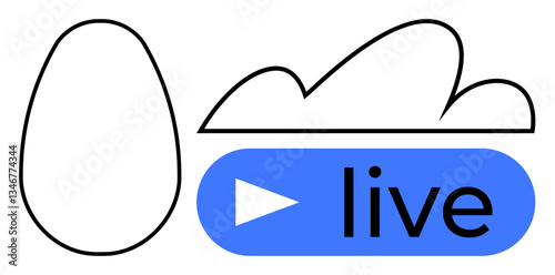 Egg outline next to cloud shape and blue play button labeled live. Ideal for streaming, broadcasting, innovation, technology, creativity, content creation, online concept in a flat simple metaphor