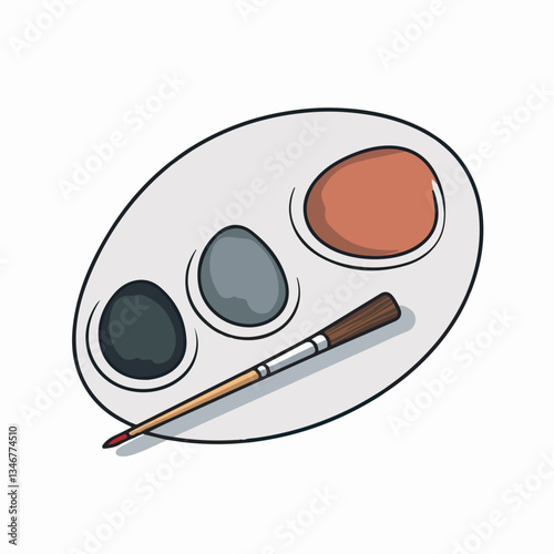 Vector illustration of a traditional painter's palette with three paint colors and a paintbrush, perfect for creative and artistic design projects.