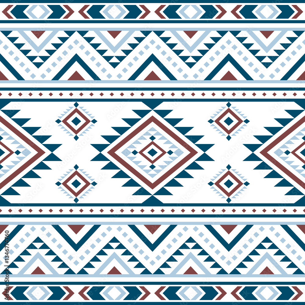 Naklejka premium Aztec Navajo tribal Native American geometric seamless pattern. Colorful ethnic design for fabric, textile, blanket, rug, carpet, and fashion.