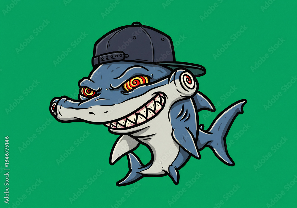 Naklejka premium Cartoon Hammerhead Shark Wearing a Baseball Cap