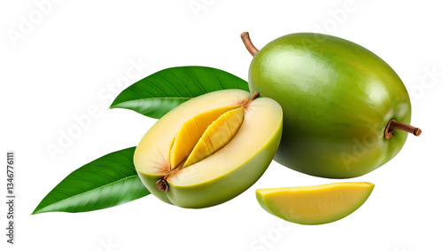 Wallpaper Mural Fresh Green Mango with Sliced Fruit and Leaves on White Background Torontodigital.ca