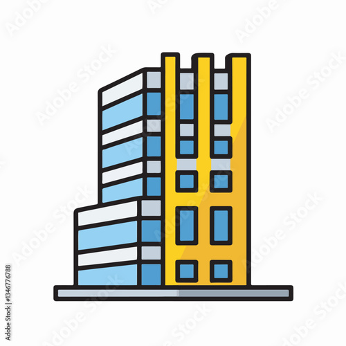 Vector illustration of a contemporary commercial building with glass windows and yellow accents.