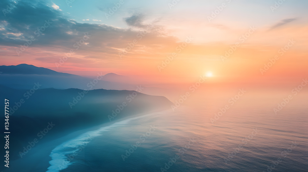 Fototapeta premium Serene sunset over ocean waves coastal landscape gradient wallpaper background panoramic view nature inspired