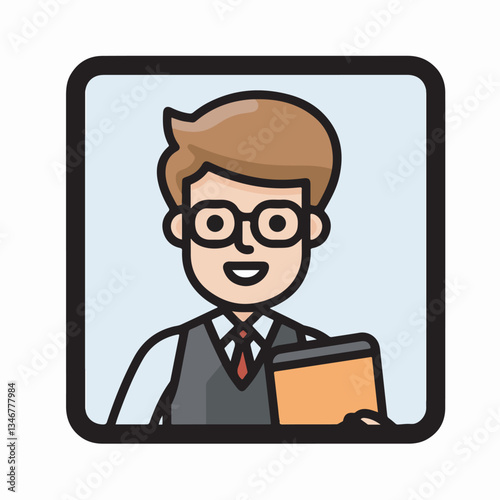 Vector illustration of a businessman wearing glasses, holding a document, and smiling confidently.