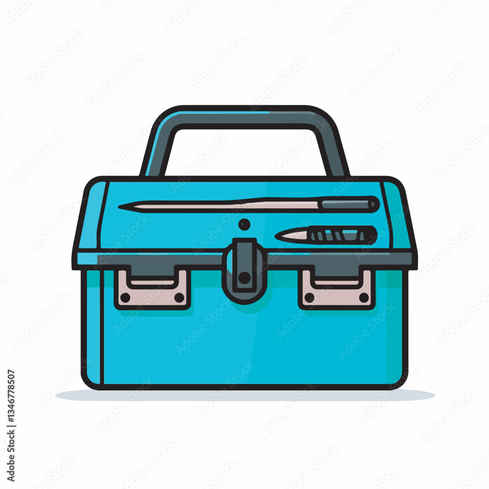 Vector illustration of a teal toolbox with a latch and handle, representing tools and repair work. Vector illustration of a teal toolbox with a latch and handle, representing tools and repair work.
