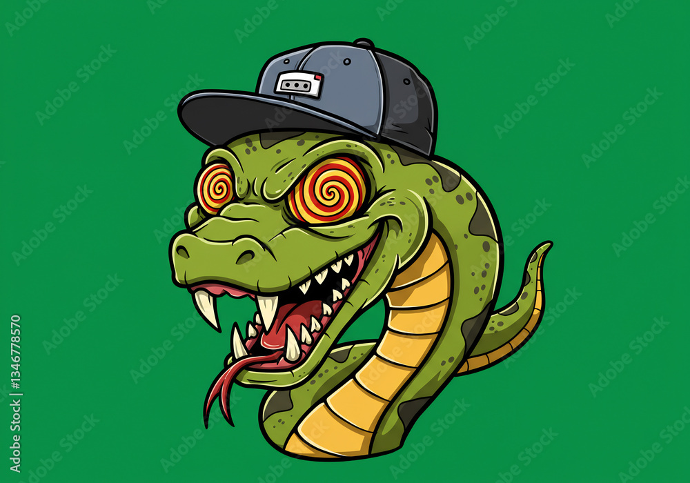 Obraz premium Green Cartoon Snake Wearing a Hat with Hypnotized Eyes Pixel Art Illustration
