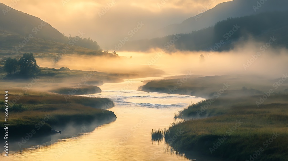 Fototapeta premium Tranquil river winding through a valley with mist rising from the water at sunrise.