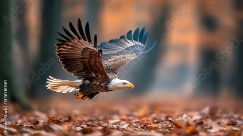 A bald eagle navigates the crisp autumn air, its wings spread wide as it glides over a forest bed of colorful fallen leaves