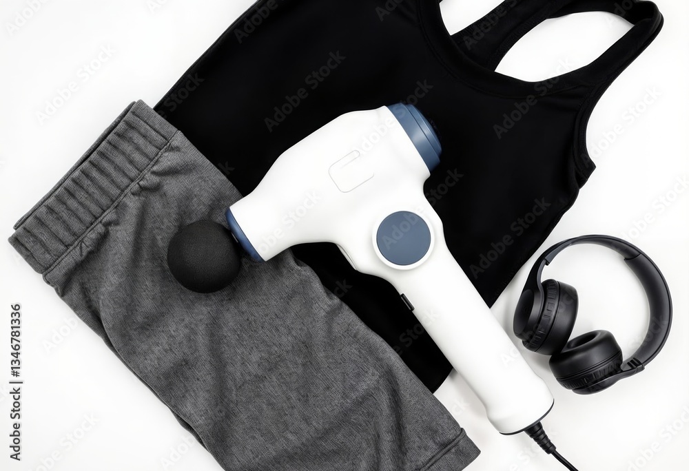 Massage gun and sportswear flatlay. White massage gun with black sportswear, leggings and headphones on white background, top view.