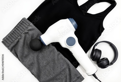 Obraz na płótnie Massage gun and sportswear flatlay. White massage gun with black sportswear, leggings and headphones on white background, top view. w salonie