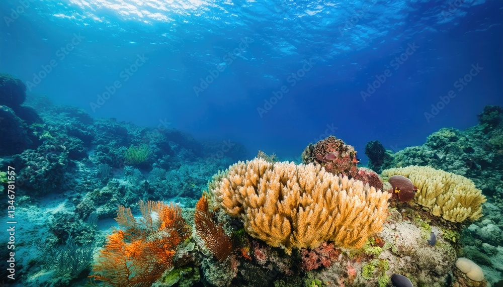 Naklejka premium Vibrant coral reef with colorful corals and clear blue water creates serene underwater scene