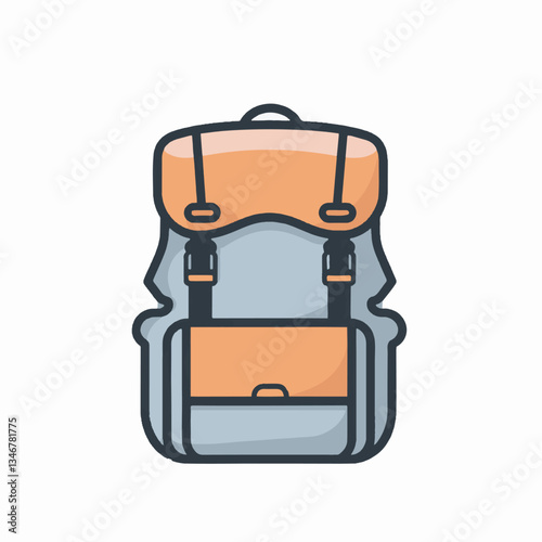 Lightweight travel backpack with an orange flap, vector icon for tourism and outdoor activities.