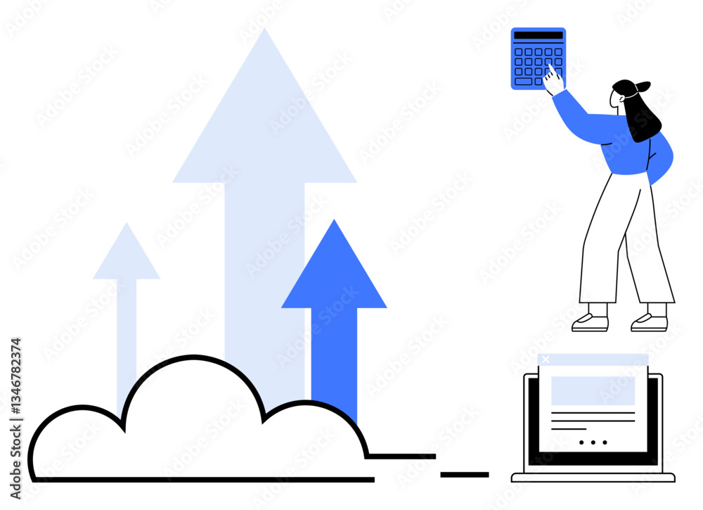 Arrows symbolize growth through cloud computing. Woman uses calculator for analytics beside laptop. Ideal for business, technology, innovation, progress, analytics, productivity strategy. Flat Arrows symbolize growth through cloud computing. Woman uses calculator for analytics beside laptop. Ideal for business, technology, innovation, progress, analytics, productivity strategy. Flat