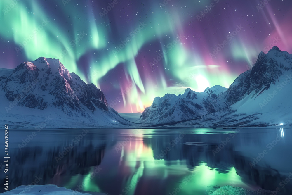Naklejka premium An awe-inspiring image of the Northern Lights above snowy mountains reflected in a tranquil lake under a starlit sky