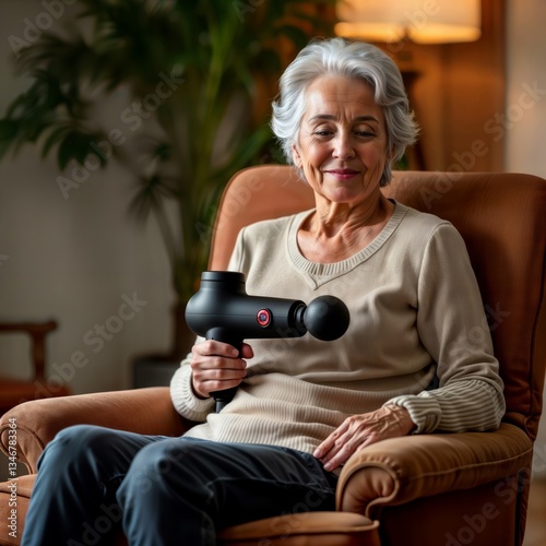Obraz na płótnie Senior woman relaxing with massager. Elderly woman uses massage gun while sitting in armchair at home for muscle relaxation. w salonie