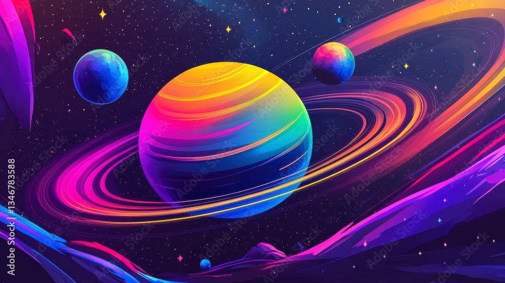 Naklejka premium Vibrant rainbow planets with rings in a cosmic landscape.