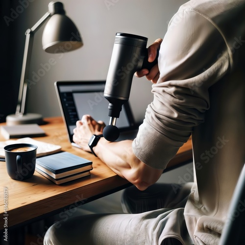 Man using massage gun at desk. Man massages forearm with percussion massager while working at desk with laptop, lamp and coffee.