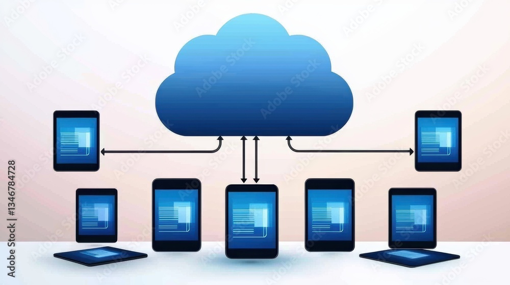 Cloud computing graphic illustrating multiple devices connected to a central cloud server. Cloud computing graphic illustrating multiple devices connected to a central cloud server.