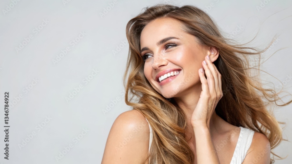 Obraz premium Captivating Portrait of a Young Woman with Long Flowing Hair and Radiant Smile against a Soft Background